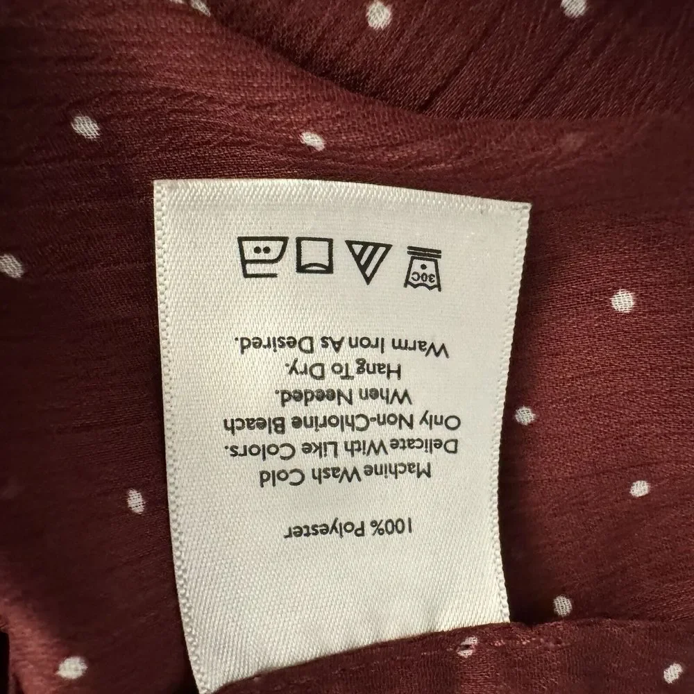 Eddie Bauer L Burgundy Long Sleeve Semi‎ Sheer Blouse Button Up Polka Dots - Picture 14 of 16